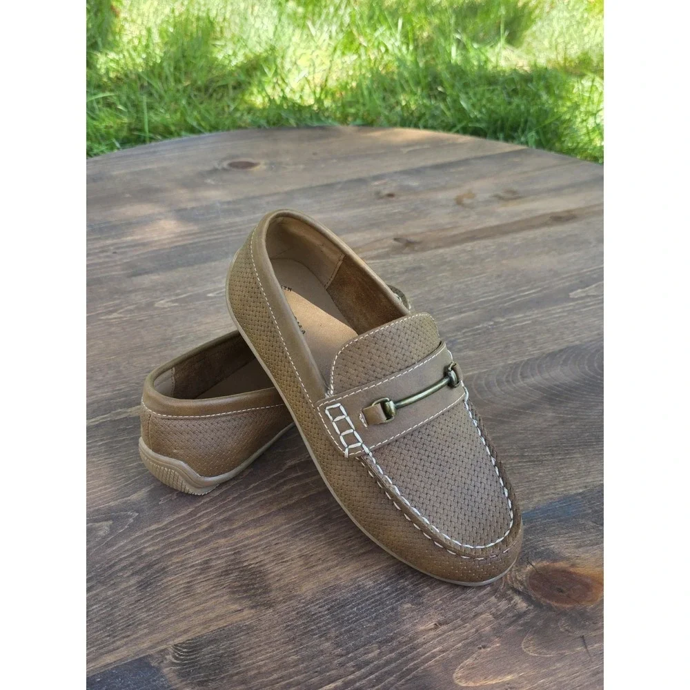 US 2- Kohl's Paxton Cognac Boys' Brown Loafer Slip-On Shoes Metal Bar
